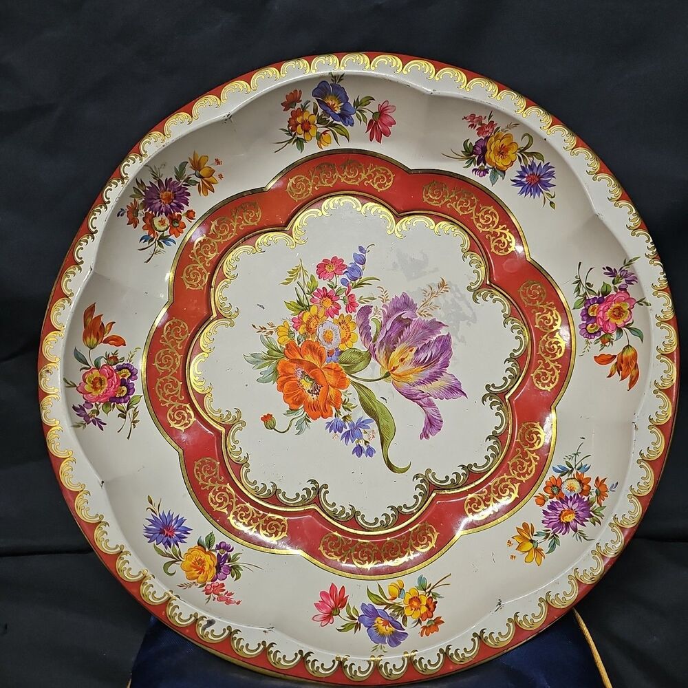 Daher Decorated Ware 1971 Floral Metal Bowl Tray Tin Made in England Vintage 10”